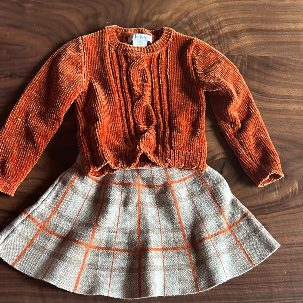Orange Sweater and Cream Plaid Skirt Set
